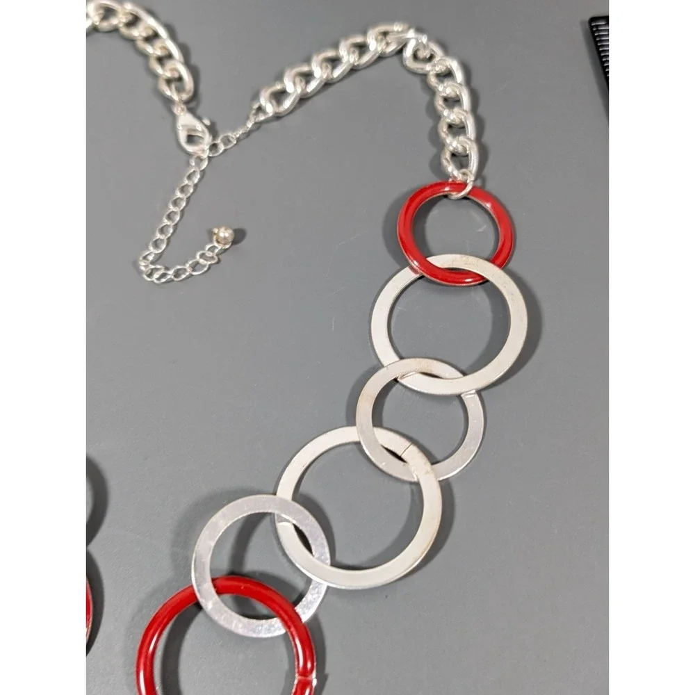 Modernist Silver Tone Red Round Chain Link Long‎ Necklace Statement 32